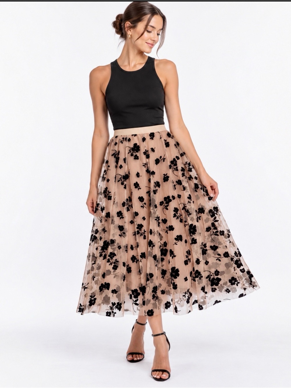 NWT Black Floral Flocked Mesh Midi Skirt Tulle Neutral Nude Tiered Lined 2X/3X